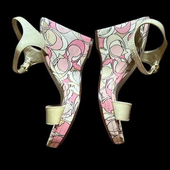 Coach Women's Pink and Yellow Patterned Wedge Sandals Size:8 - Picture 6 of 14